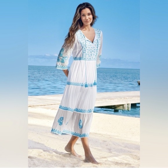 Soft Surroundings Dresses & Skirts - Soft Surroundings Gauzey Juniper Dress Blue White Embroidered Sz Medium Cotton